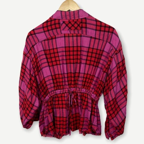 NWT Free People Pacific Dawn Plaid Shirt Drawstring Size Small Pink Red Bohemian - Picture 6 of 13